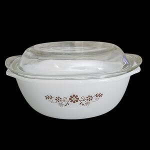 Vintage Pry-O-Rey White Milk Glass Covered Casserole Dish Brown Floral